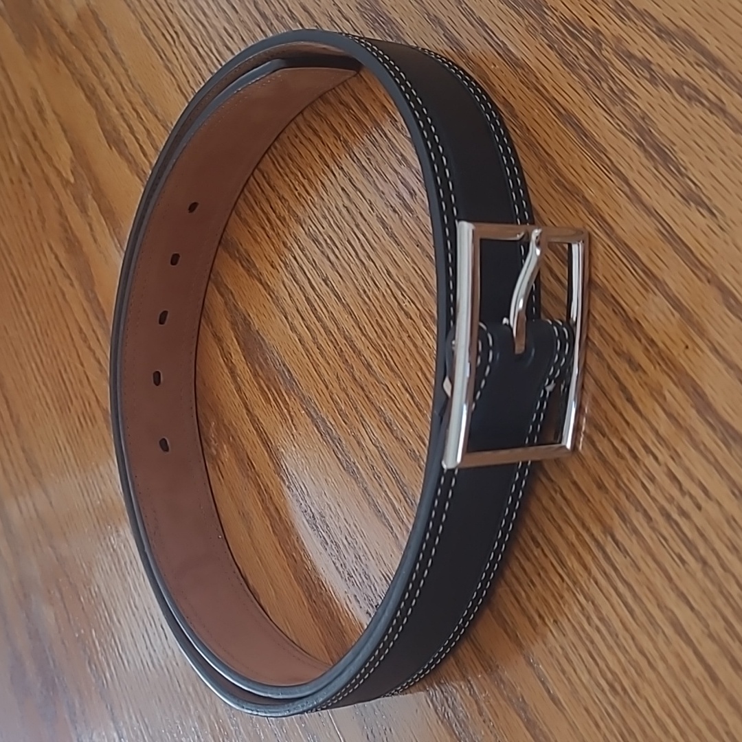 Cole Haan Size 40 Genuine Leather Black Belt Stitched Silver Buckle